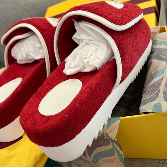 NEW Gucci x Adidas GG monogram red logo slide sandals - Picture 10 of 12